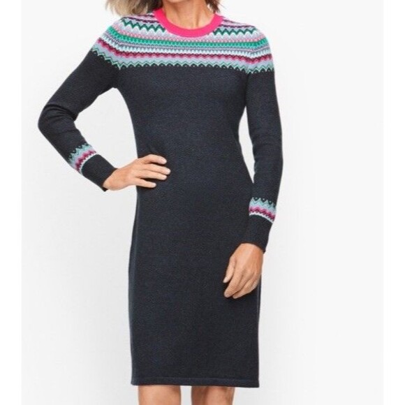 Talbots Dresses & Skirts - Talbots Women's Fair Isle Shift Sweater Dress Navy Long Sleeve NWT PXL Petite